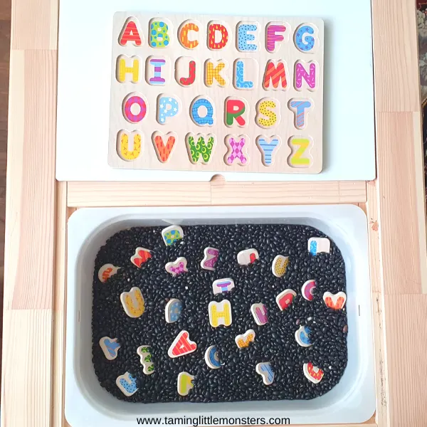 Alphabet sensory bin from Taming Little Monsters